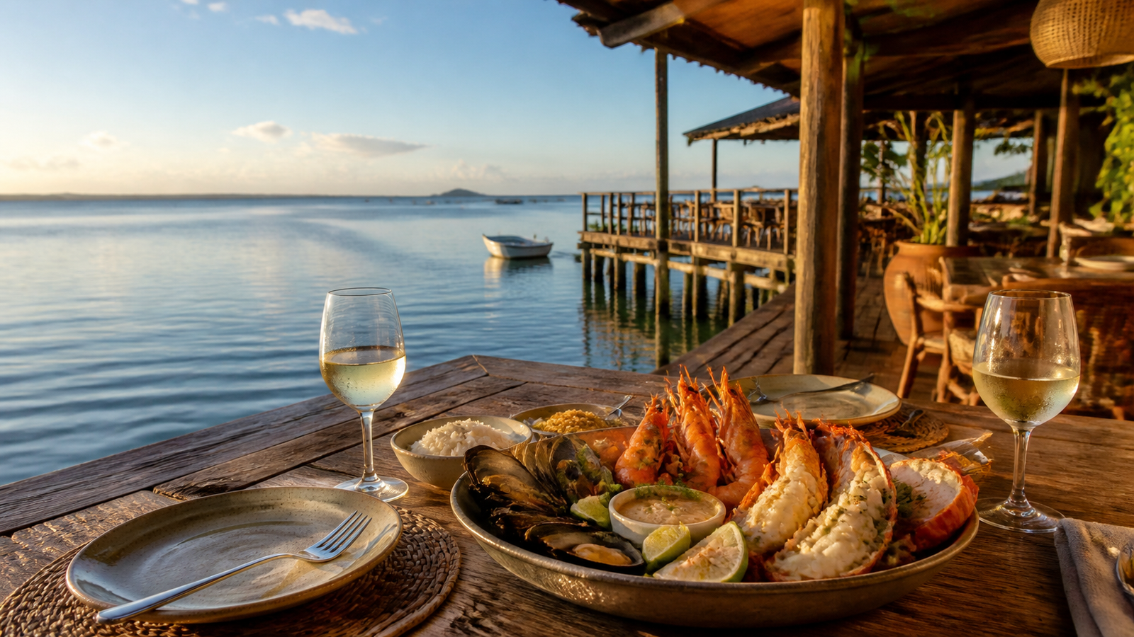 Where to eat shrimp sequence in Florianópolis for every budget 3 A seafood platter and wine on a wooden table at an ocean-view restaurant deck