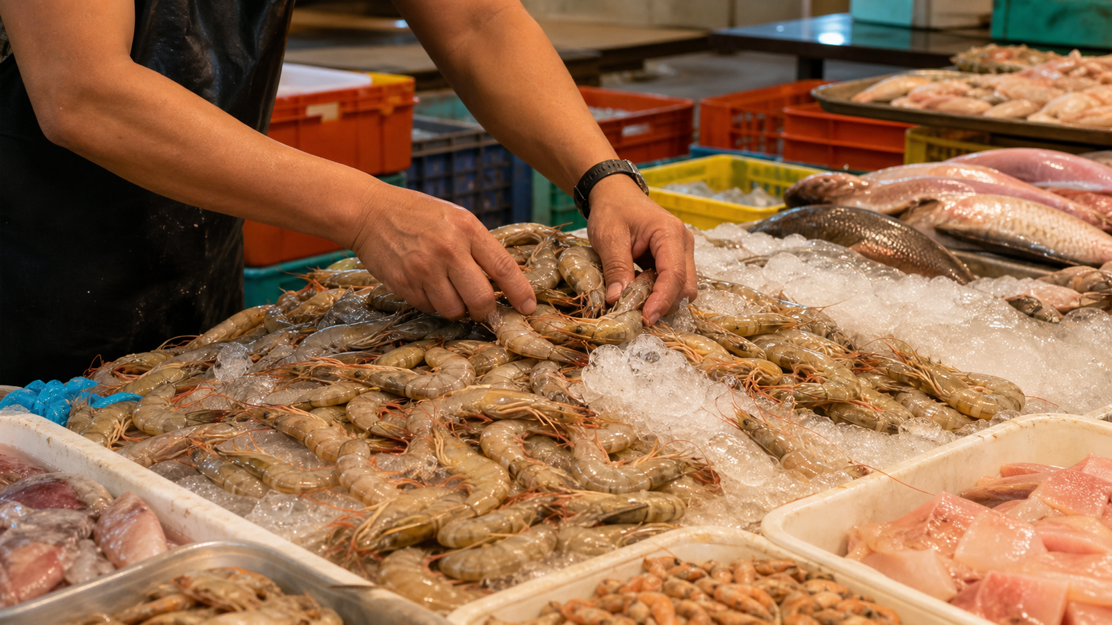 Where to eat shrimp sequence in Florianópolis for every budget 2 Fresh shrimp and fish displayed on ice at a Brazilian seafood market stall