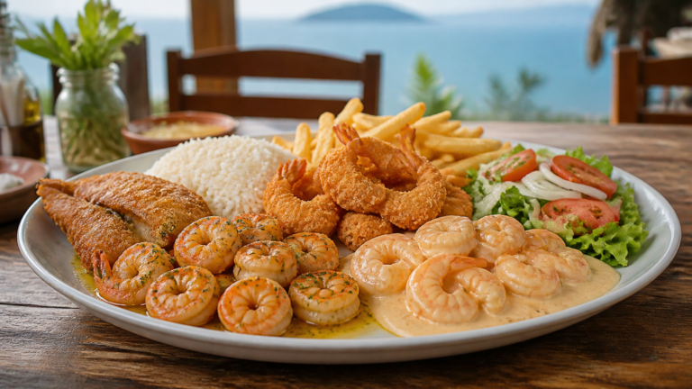 A shared platter of Brazilian shrimp sequence with rice, fries, and fried fish on a restaurant table