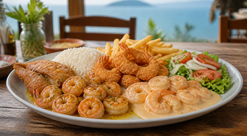 A shared platter of Brazilian shrimp sequence with rice, fries, and fried fish on a restaurant table