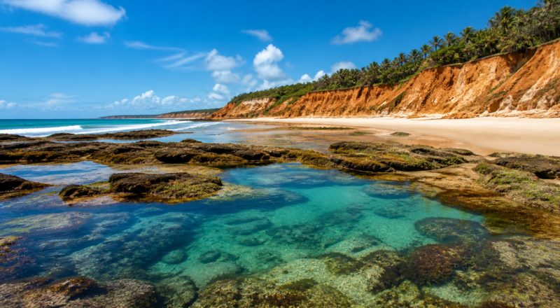 Illustrative view of an empty Bahia beach with orange cliffs and natural pools.