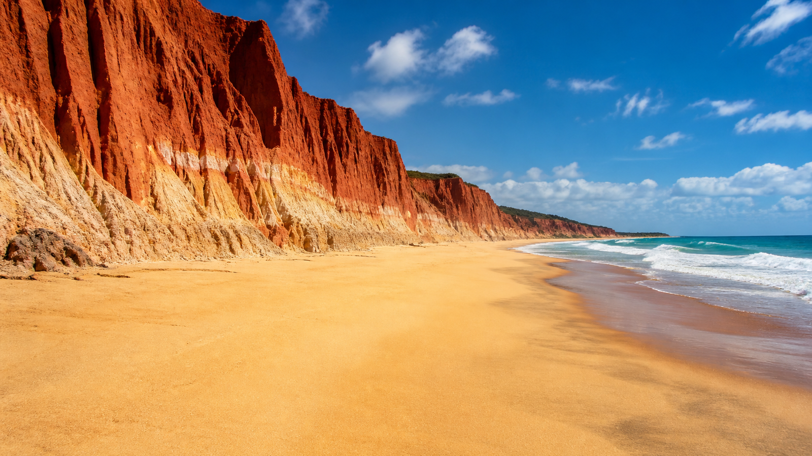 Trancoso Beyond Luxury: Quiet Beaches You Need to See 4 Illustrative view of an empty beach beneath red-orange cliffs in Bahia.