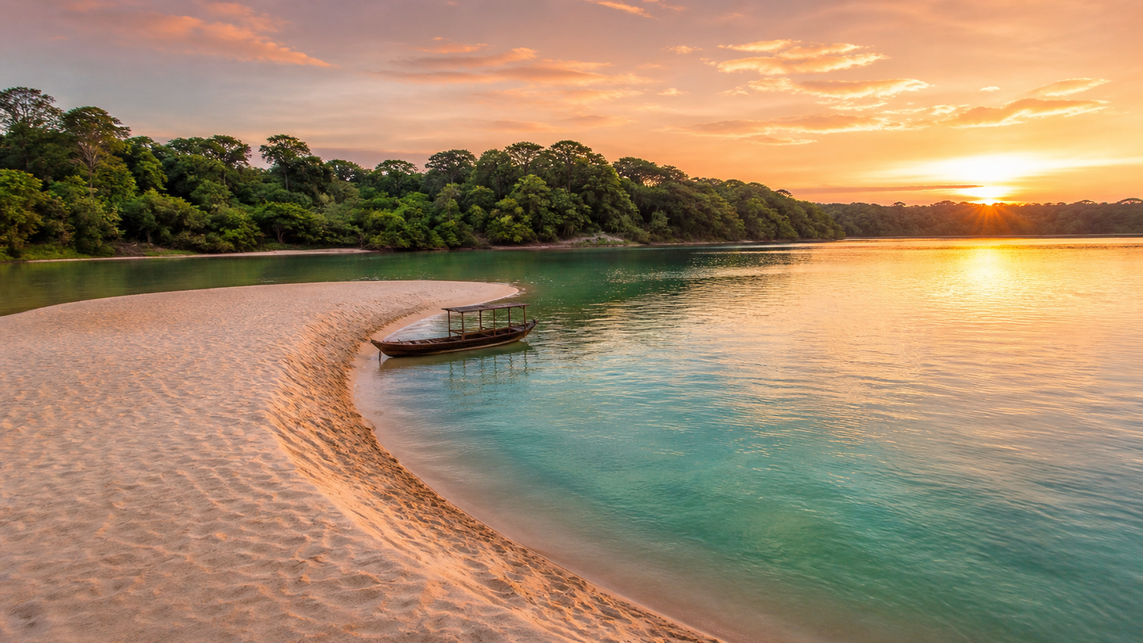 Alter do Chão Beyond the Obvious: 6 Secret River Beaches and Riverside Communities You Need to Visit 1 Panoramic sunset view of the golden sandbar at Ponta do Cururu extending into the turquoise Tapajos River near Alter do Chao
