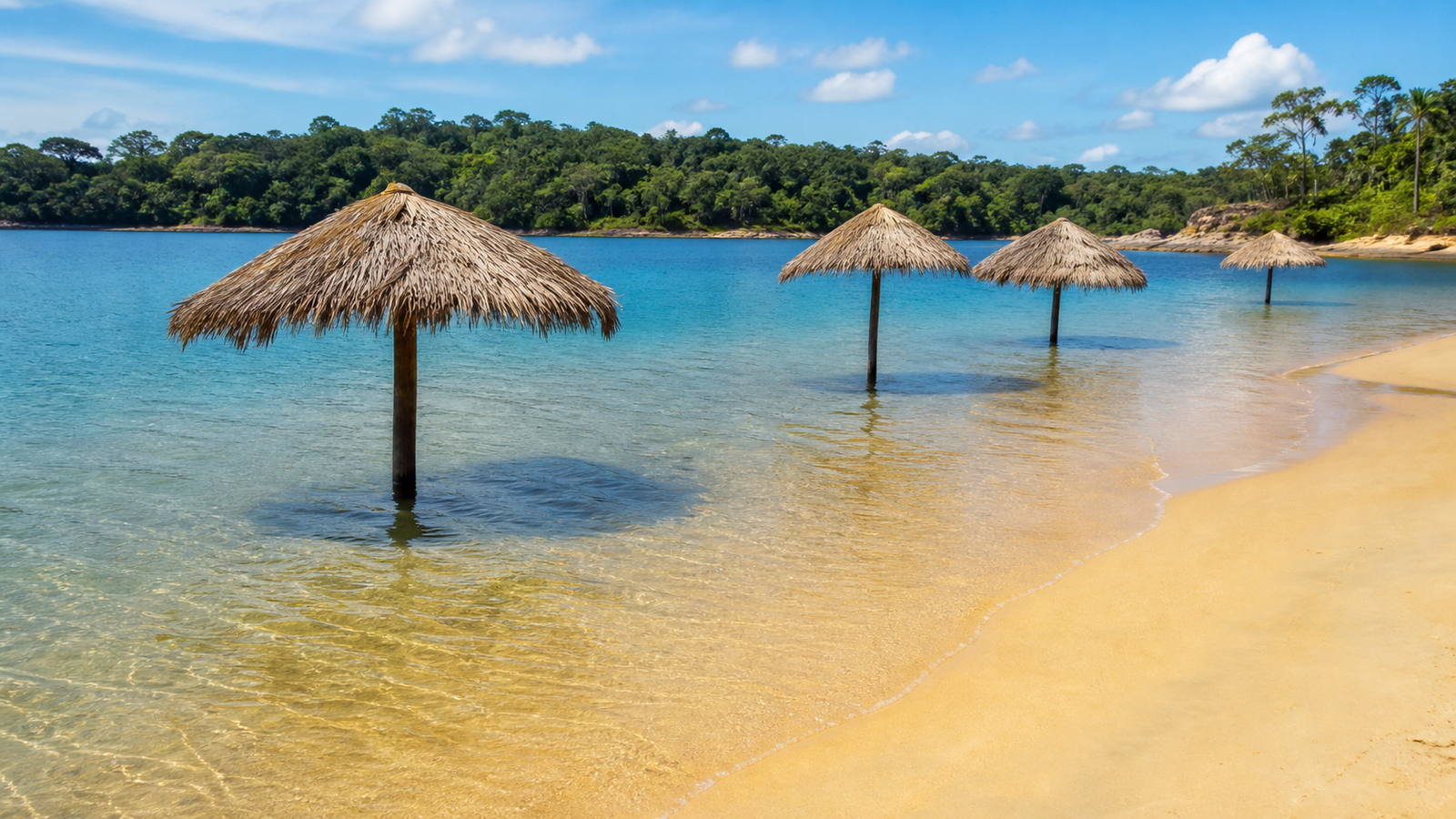 Alter do Chão Beyond the Obvious: 6 Secret River Beaches and Riverside Communities You Need to Visit 2 Rustic thatched-roof straw cabanas along the wide freshwater beach at Praia do Pindobal near Alter do Chao