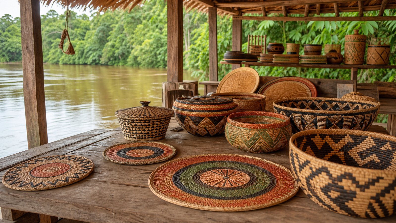 Alter do Chão Beyond the Obvious: 6 Secret River Beaches and Riverside Communities You Need to Visit 4 Artisan workshop displaying colorful handcrafted baskets woven from natural tucuma palm fiber in Urucurea along the Rio Arapiuns