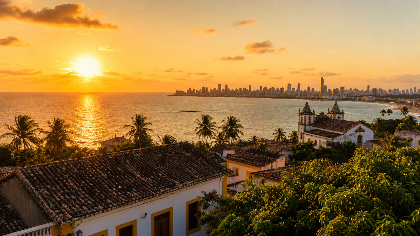 Alto da Sé in Olinda: How to Visit Without Wasting Time or Money 4 Golden hour sunset over the Atlantic Ocean and Recife skyline from Alto da Sé.