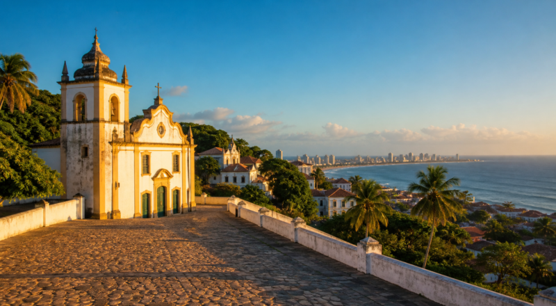 Panoramic view from Alto da Sé in Olinda overlooking colonial church towers, palm trees, and the Recife skyline across the ocean.