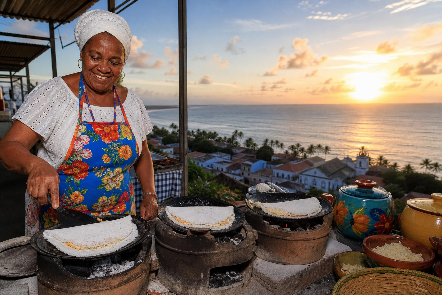 Traditional tapioqueira preparing fresh tapiocas at an open-air food stall on Alto da Sé in Olinda at sunset