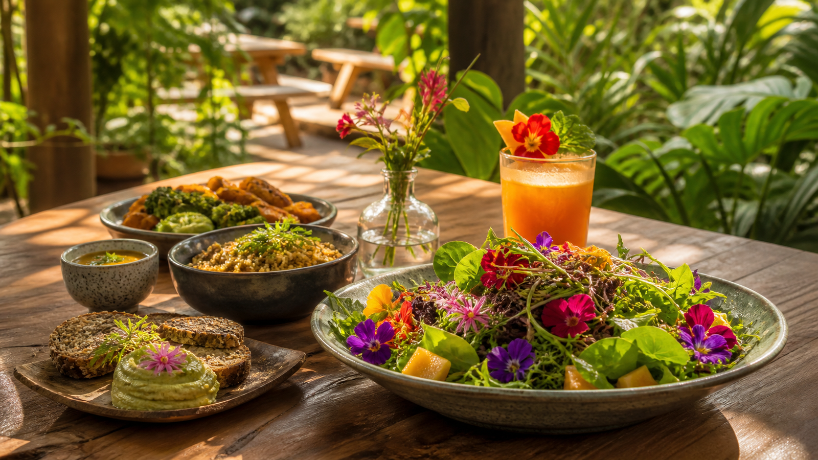 A vibrant organic lunch table at a garden cafe in Alto Paraíso de Goiás with fresh colorful salads, juices, and wholesome whole foods.