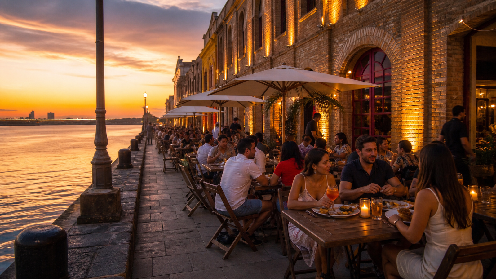 Open-air dining promenade at Armazéns do Porto overlooking the harbor waters in Recife Antigo during golden hour.