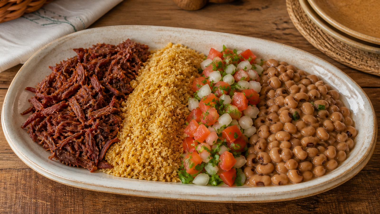 Plate of traditional Arrumadinho with sun-cured beef, farofa, vinaigrette, and black-eyed peas