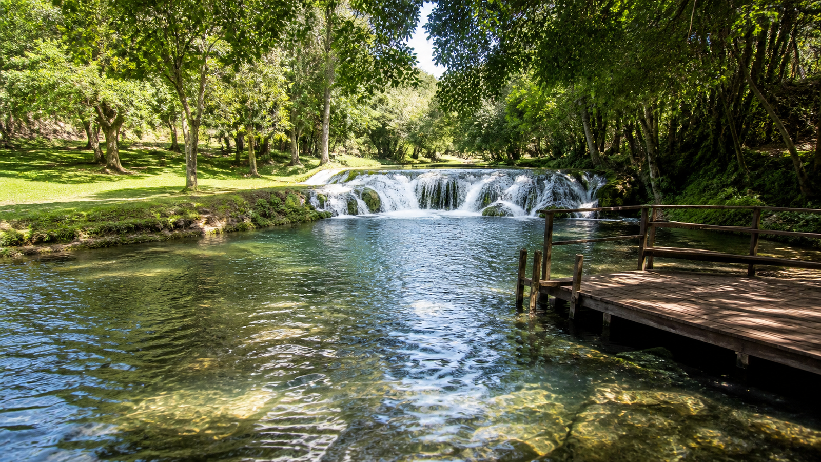 Balneário do Sol river cascade and wooden swimming deck along Rio Formoso in Bonito Brazil