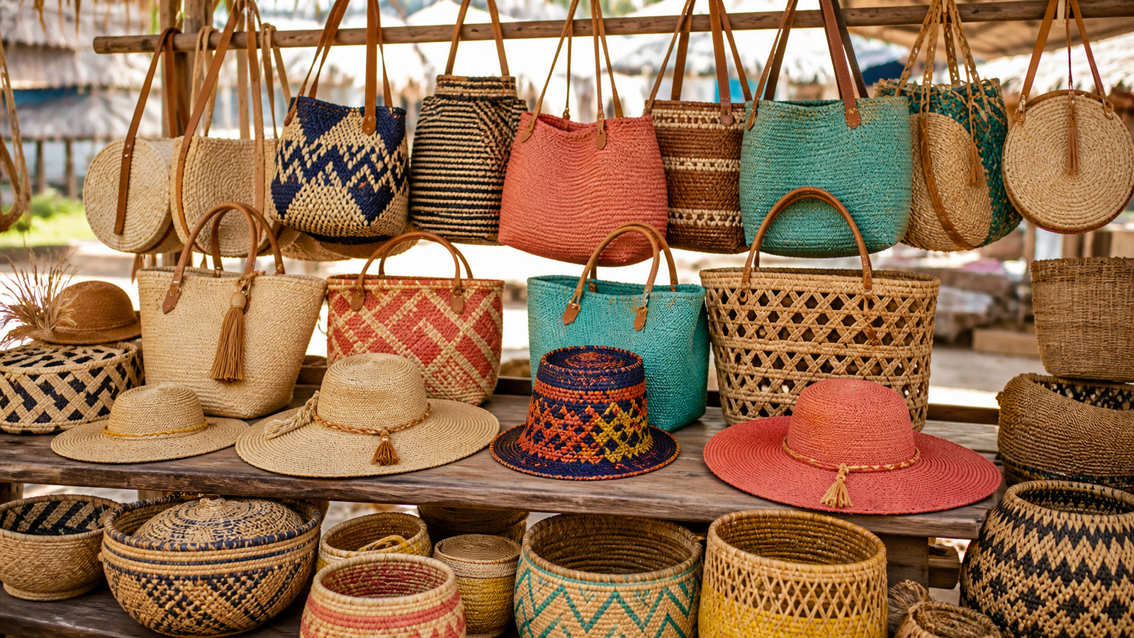 Handmade buriti palm fiber bags, hats, and baskets at the Barreirinhas craft market