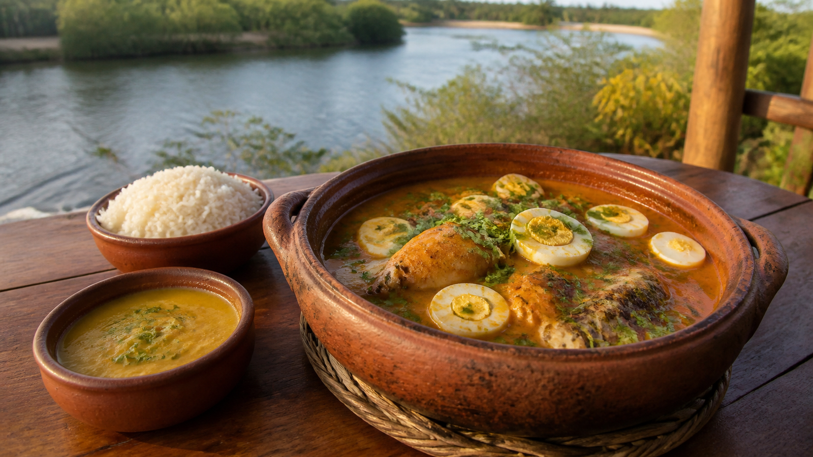 Traditional Peixada Maranhense fish stew served in a clay bowl on a riverside table