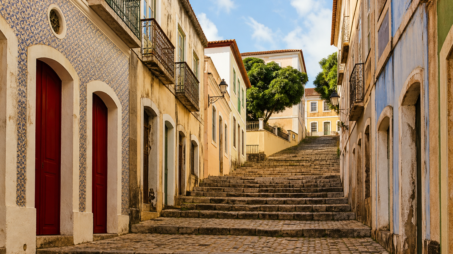 Exploring Rua Portugal: The Complete Walking Guide to São Luís’s Iconic Azulejo Street 4 Steep cobblestone staircase of Beco Catarina Mina framed by colonial buildings in Praia Grande São Luís