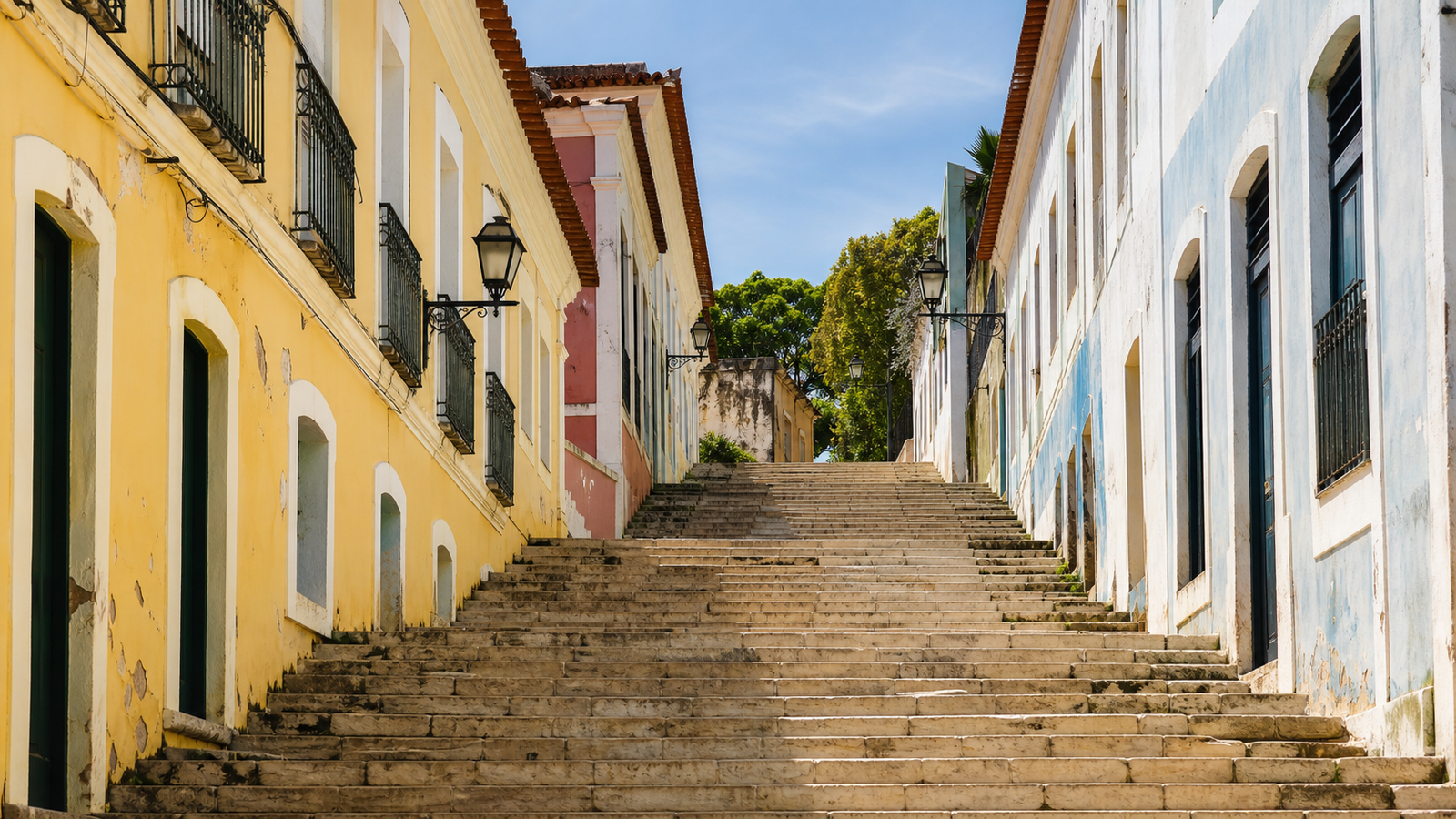 Historic 35-step Portuguese lioz stone staircase of Beco Catarina Mina in São Luís, Maranhão.