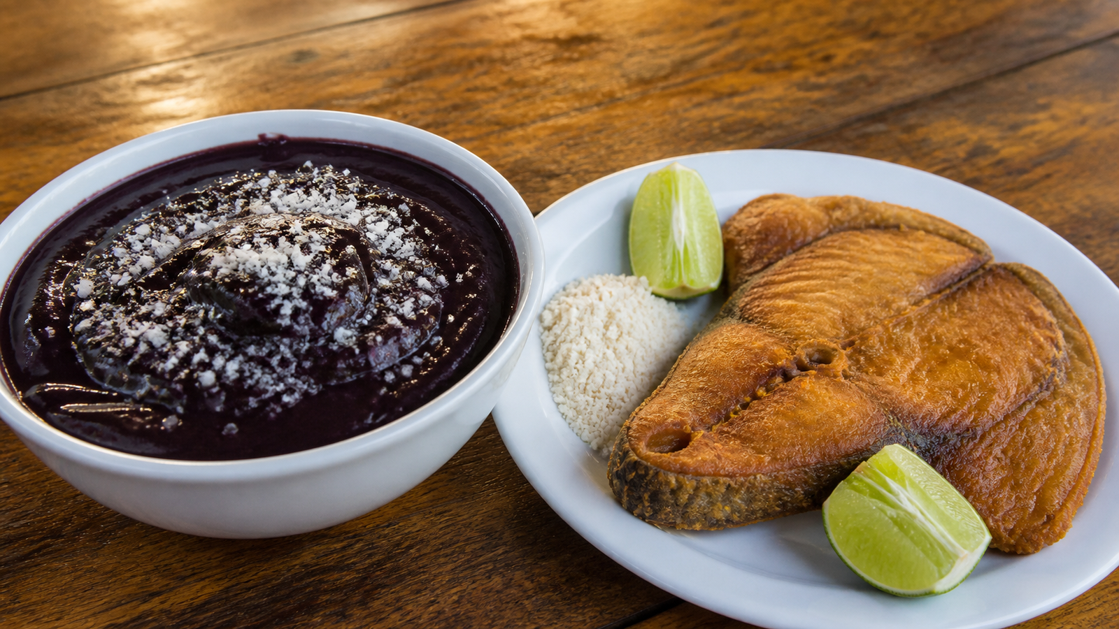 A bowl of thick pure Amazonian açaí with farinha d’água paired with crispy fried filhote river fish in Belém.