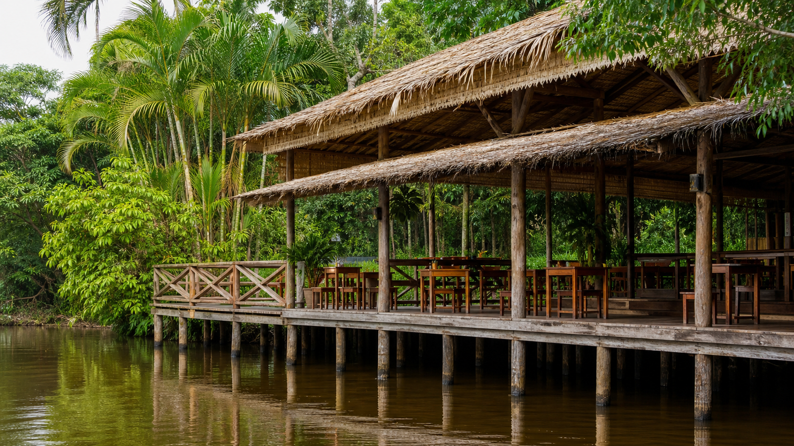 Belém Beyond the Obvious: 4 River Islands and Boat Trips Worth the Day Trip 2 Rustic open-air wooden stilt restaurant terrace on Ilha do Combu over the calm river with native açaí palms