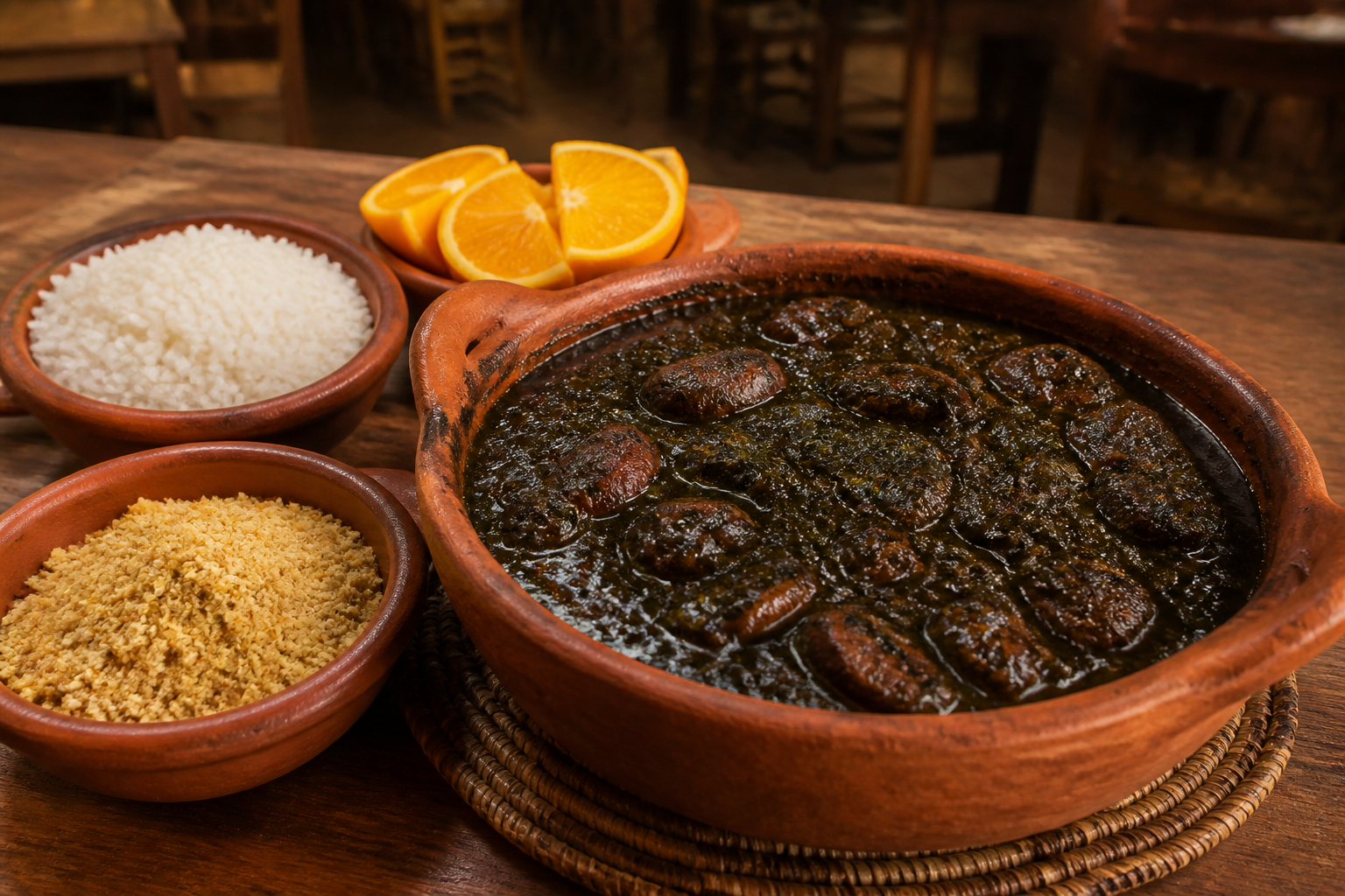 A steaming clay pot of dark Amazonian maniçoba stew served with white rice and farofa in Belém.