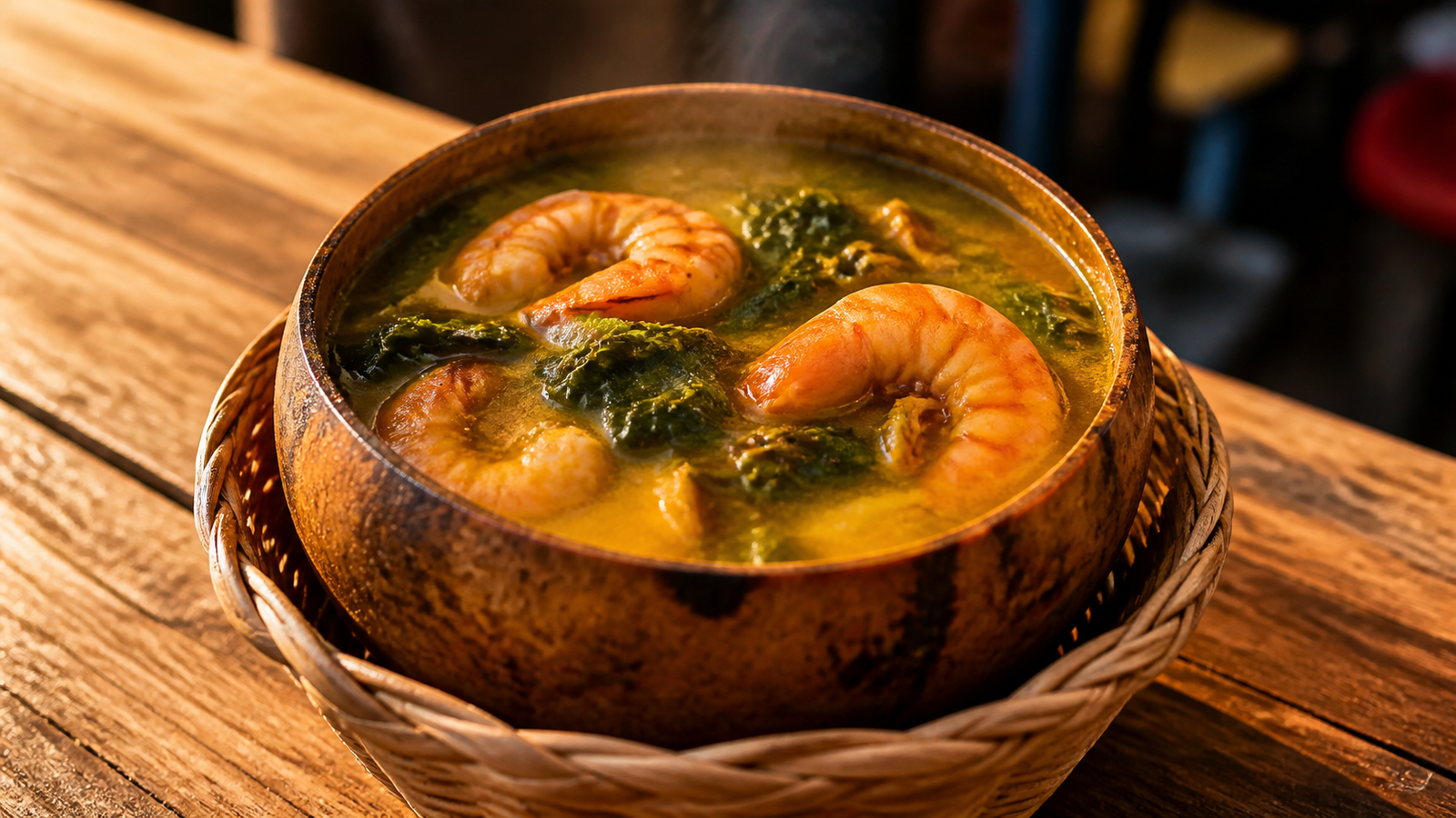 A steaming cuia of traditional Amazonian tacacá with jambu leaves and river shrimp resting in a woven basket in Belém, Brazil.