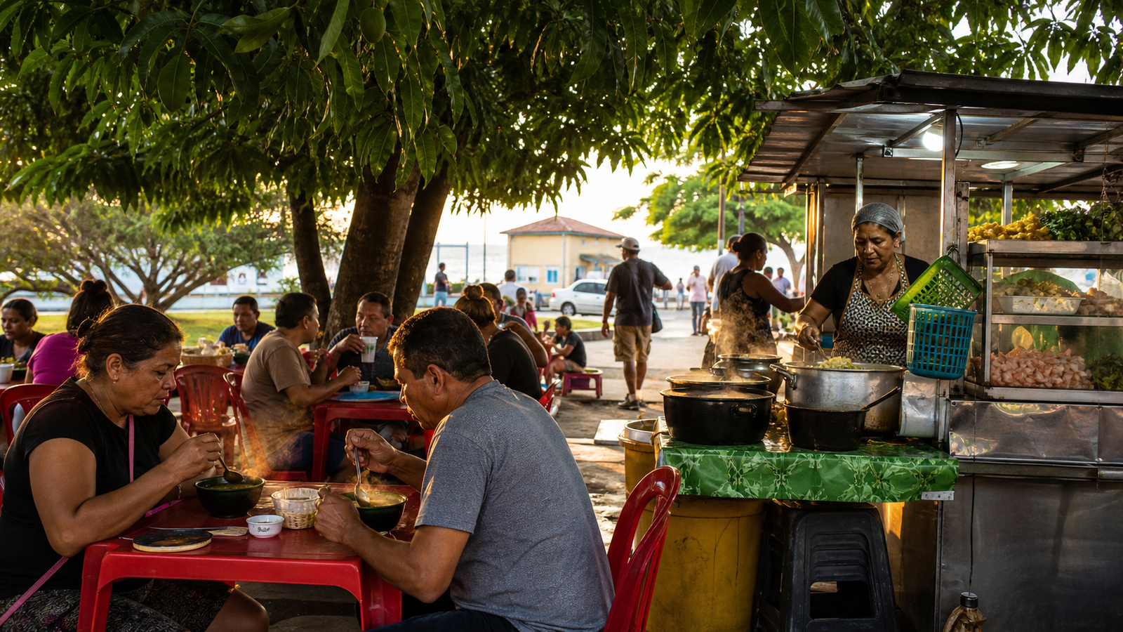 Patrons enjoying hot bowls of tacacá at an outdoor street food stall in Belém under the shade of mango trees.