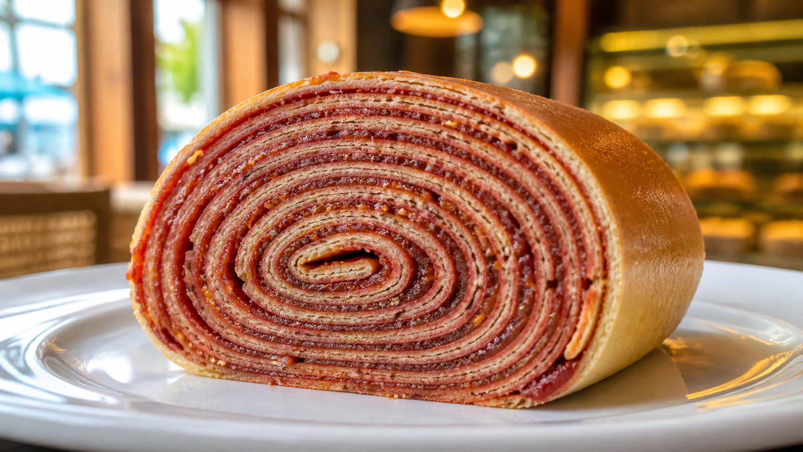 Close-up cross section of artisanal Bolo de Rolo showing micro-thin guava spiral layers