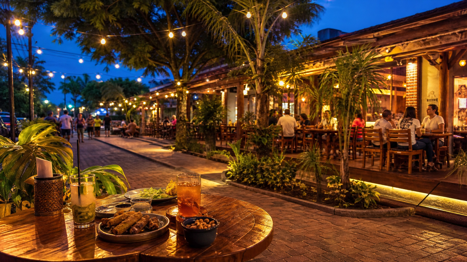 Outdoor restaurant terrace along Rua Coronel Pilad Rebuá in downtown Bonito at twilight