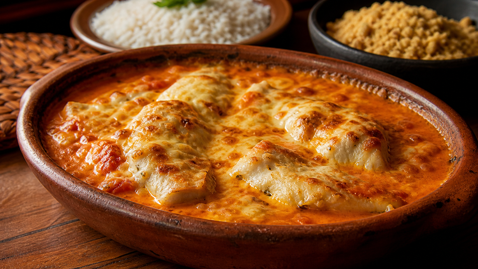 Pintado a Urucum baked in a clay dish with creamy coconut sauce and melted mozzarella cheese