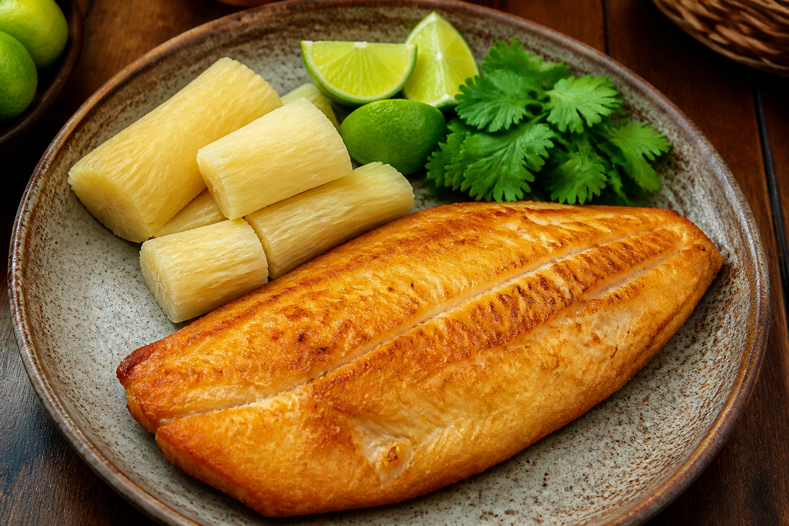 Crispy deboned Traíra fish fillet served with lime wedges and cassava in Bonito MS