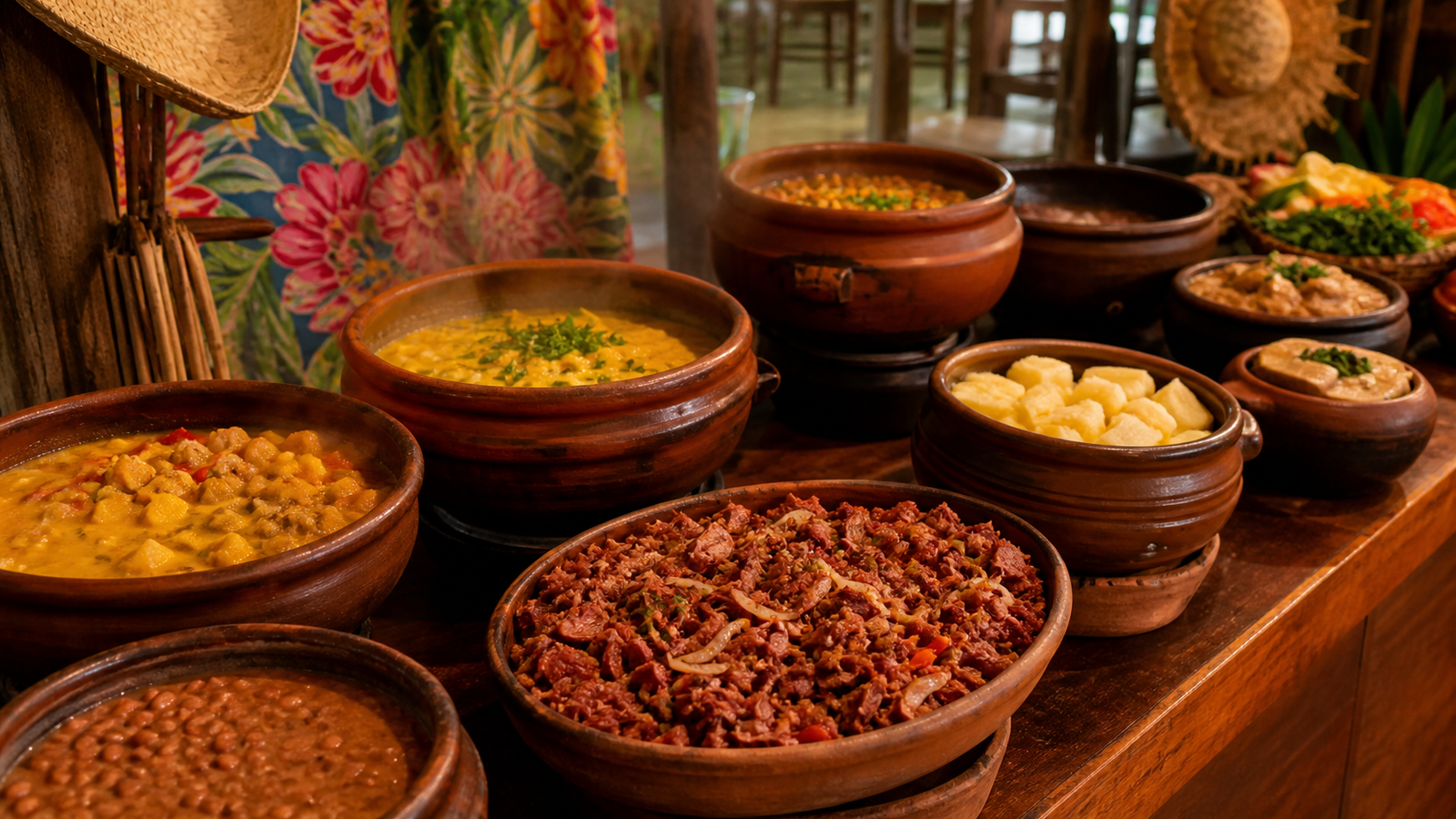 Rustic regional buffet in Recife featuring traditional northeastern Brazilian dishes in clay pots