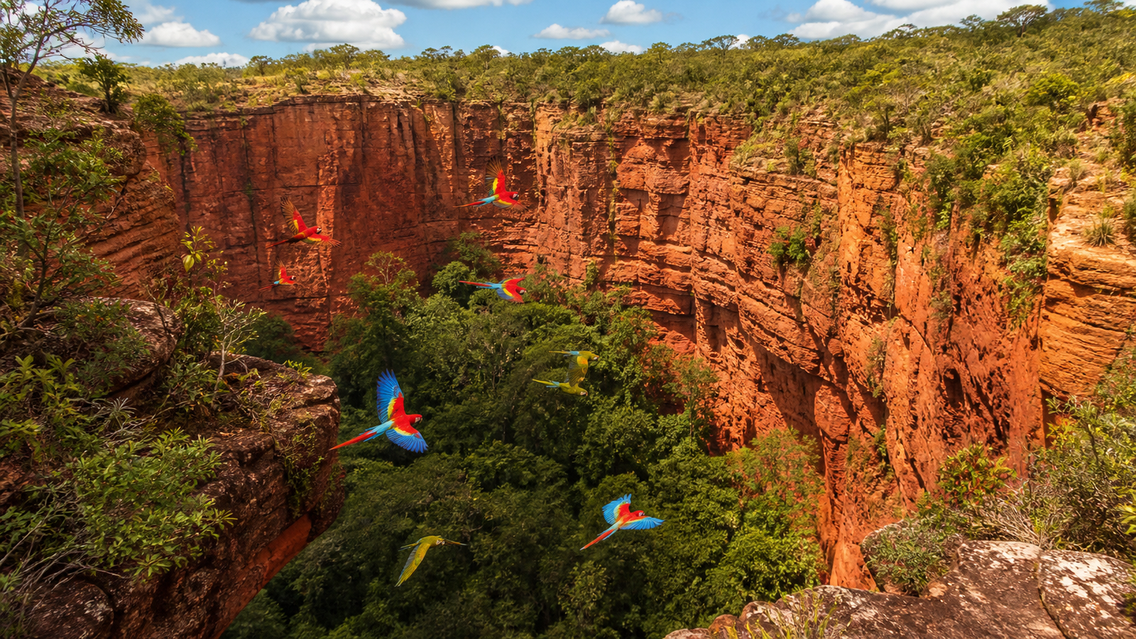 Deep red sandstone sinkhole Buraco das Araras in Jardim Brazil with red and green macaws in flight