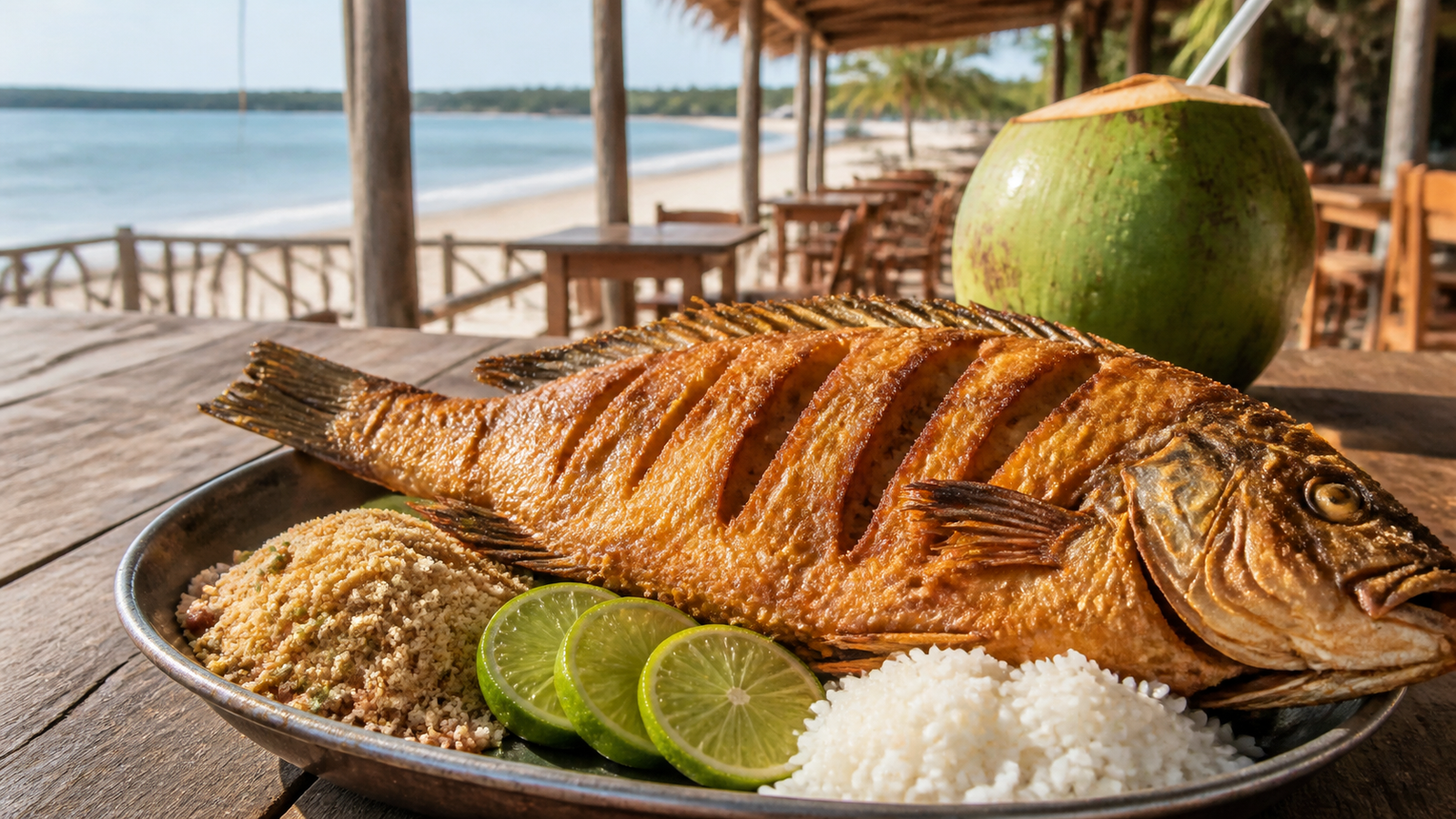 Fresh fried fish platter and fresh coconut water at a beachfront restaurant on Caburé sand spit