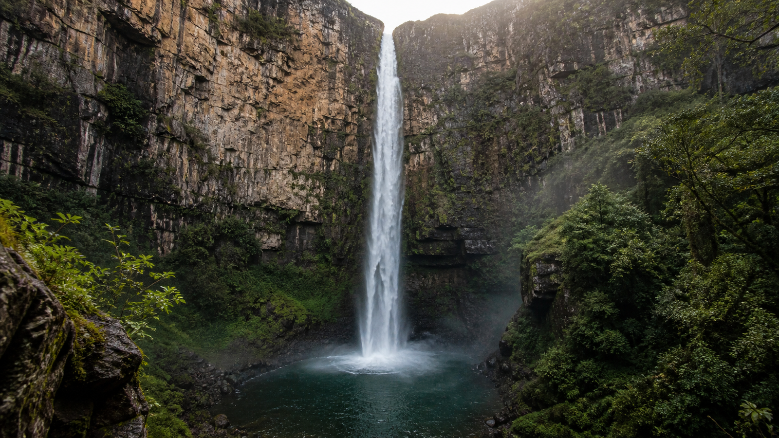A 100-meter waterfall plunging into a shaded natural pool in Cachoeira do Segredo, Chapada dos Veadeiros.