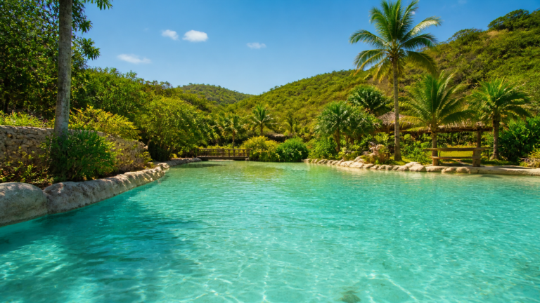 Naturally heated thermal turquoise pool surrounded by tropical Cerrado palms under sunny skies in Caldas Novas Goiás