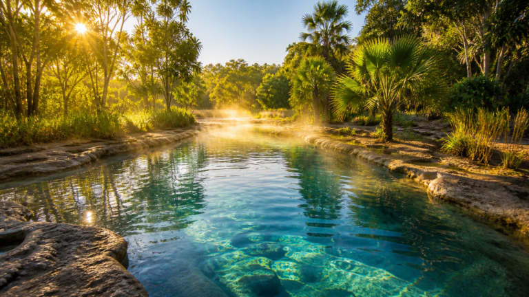 Natural thermal river and warm mineral pools surrounded by green palms in Caldas Novas Goiás