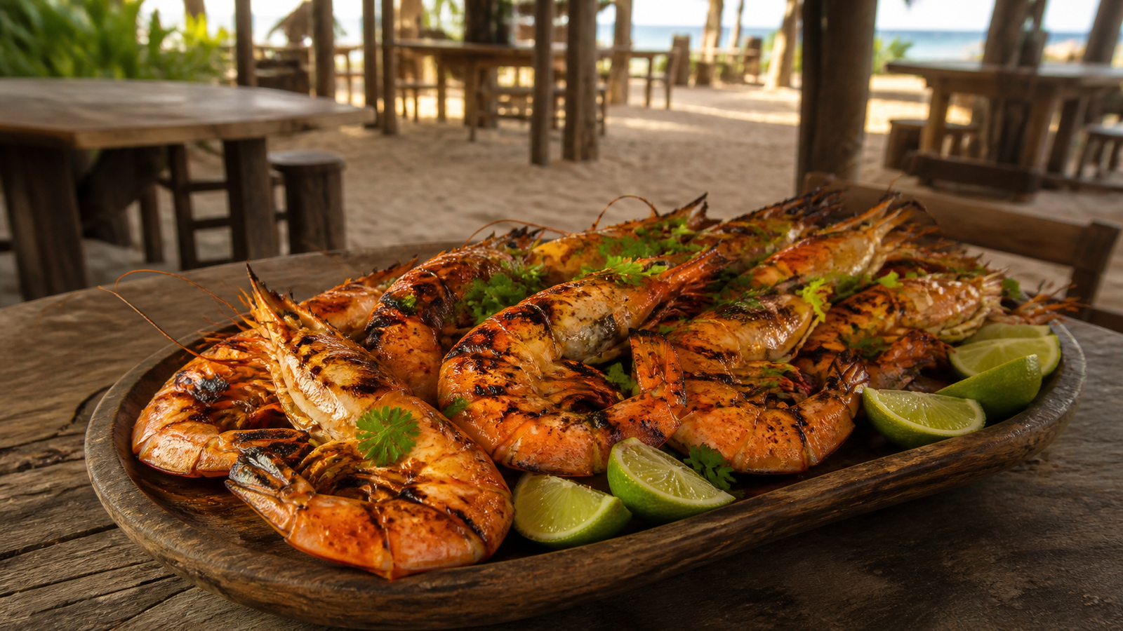 Platter of charcoal-grilled jumbo prawns at a rustic open-air restaurant in Canto do Atins
