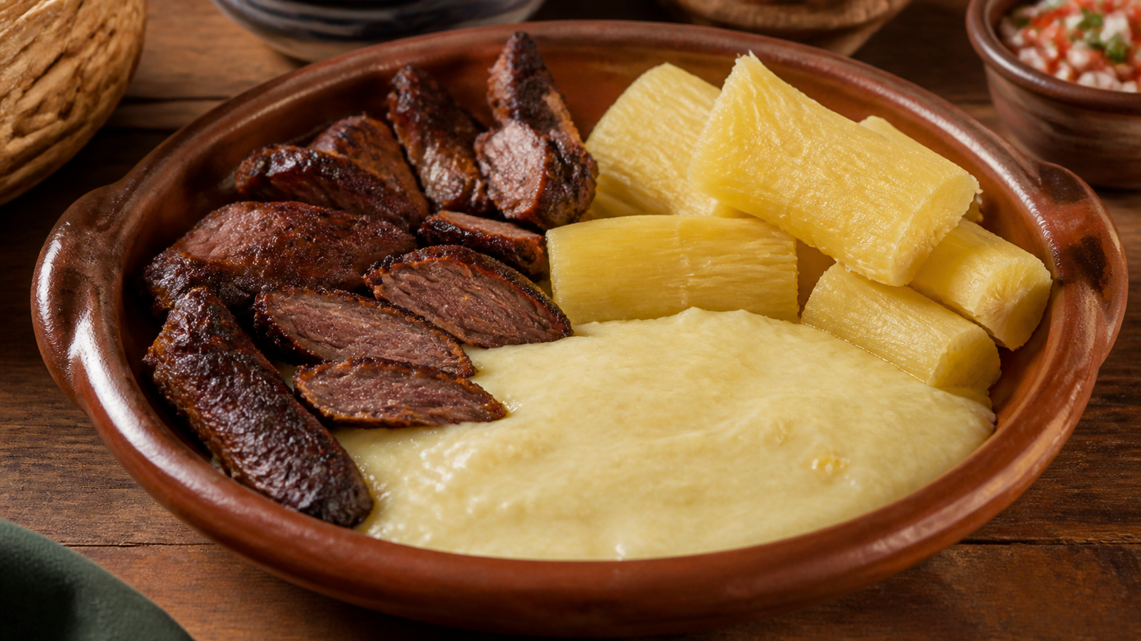Grilled carne de sol sun-cured beef with creamy pirão de queijo and cassava in Natal