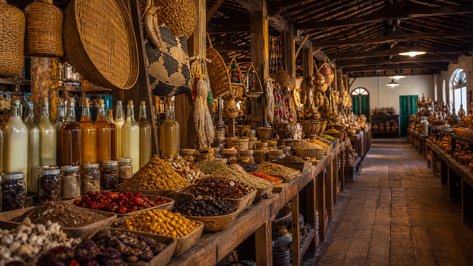 Casa das Tulhas historic market hall in São Luís filled with regional spices, tiquira, and handicrafts.