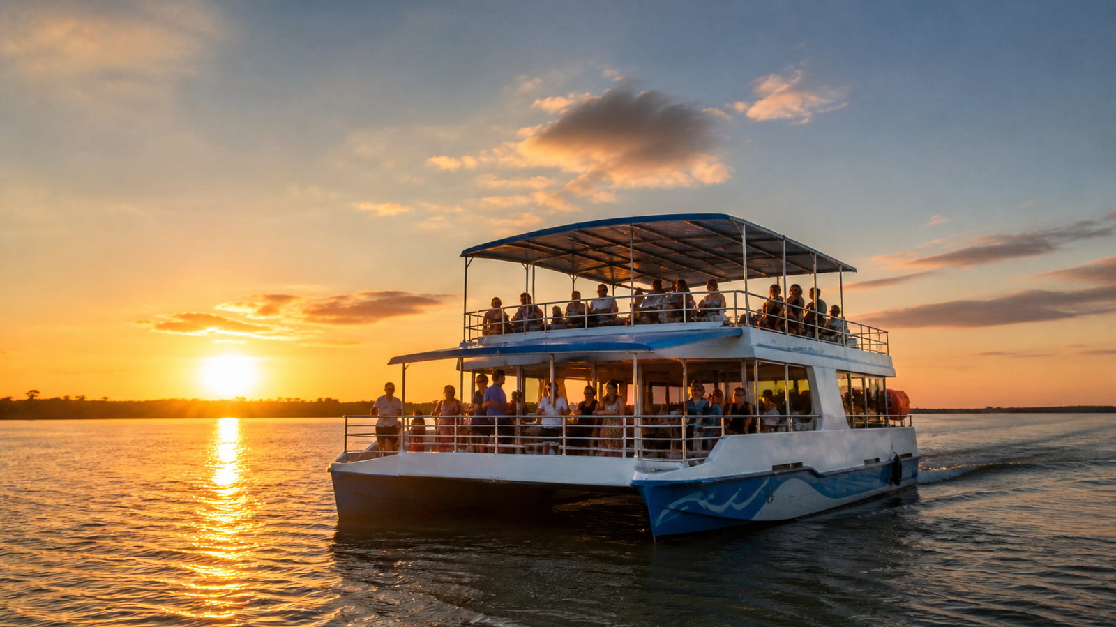 Praia do Jacaré Sunset Guide: How to Experience João Pessoa's Famous River Ritual Without Wasting Time or Money 3 Tourist catamaran boat cruising along the Rio Paraíba estuary during sunset at Praia do Jacaré