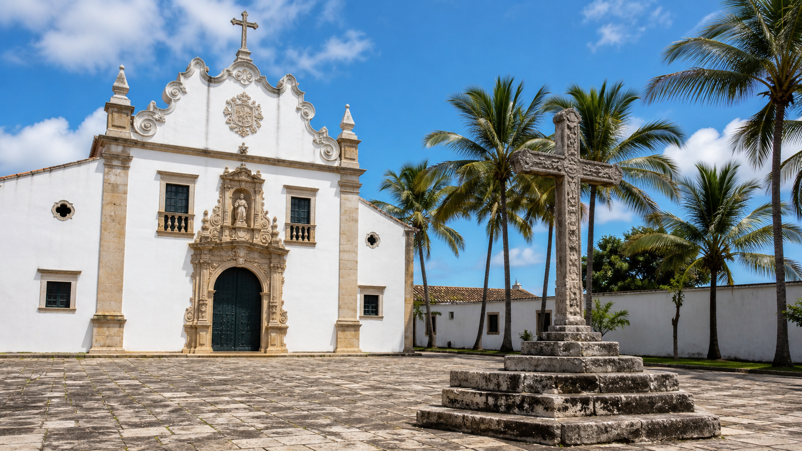 The baroque facade and stone courtyard cross of Centro Cultural São Francisco in João Pessoa, Paraíba.