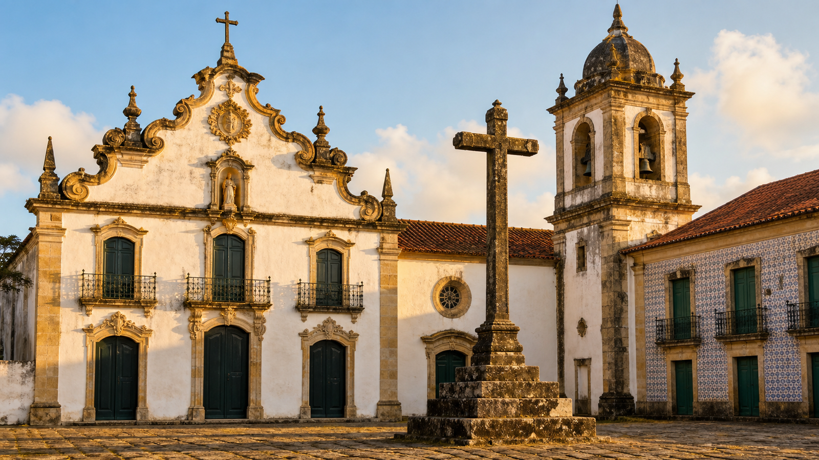 Colonial baroque facade and stone cross of Centro Cultural São Francisco in João Pessoa.