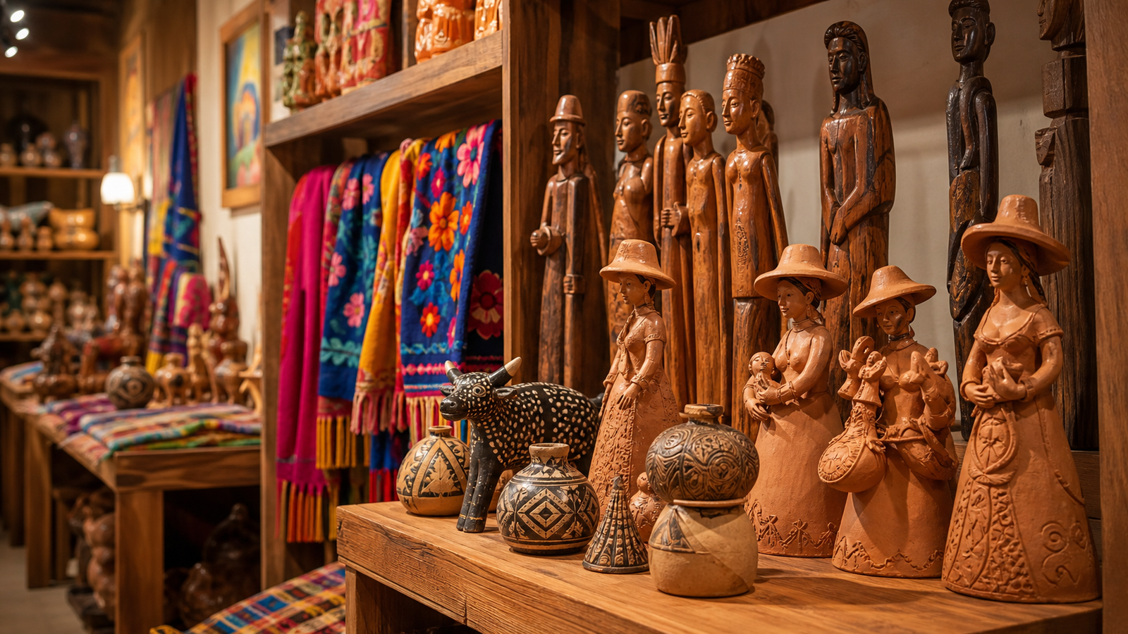 Authentic Brazilian folk art display featuring handcrafted clay figurines and regional wood sculptures in Pernambuco.