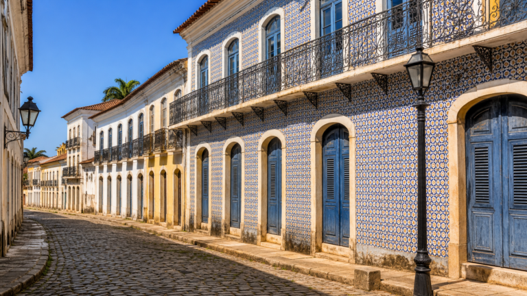 Centro Histórico in São Luís: How to Visit Without Wasting Time or Money 8 Colonial mansions covered in Portuguese azulejo tiles along a historic cobblestone street in São Luís, Maranhão