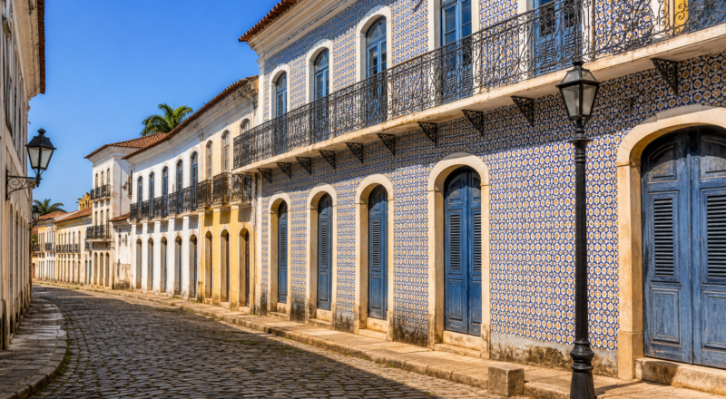 Colonial mansions covered in Portuguese azulejo tiles along a historic cobblestone street in São Luís, Maranhão