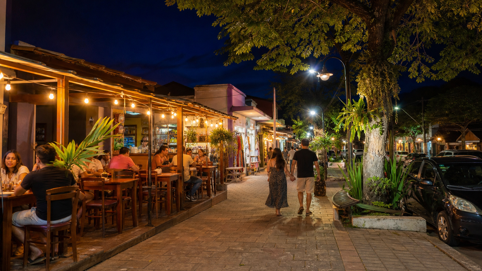 Street dining with outdoor tables and illuminated cafes bordering Praça da Liberdade in Bonito