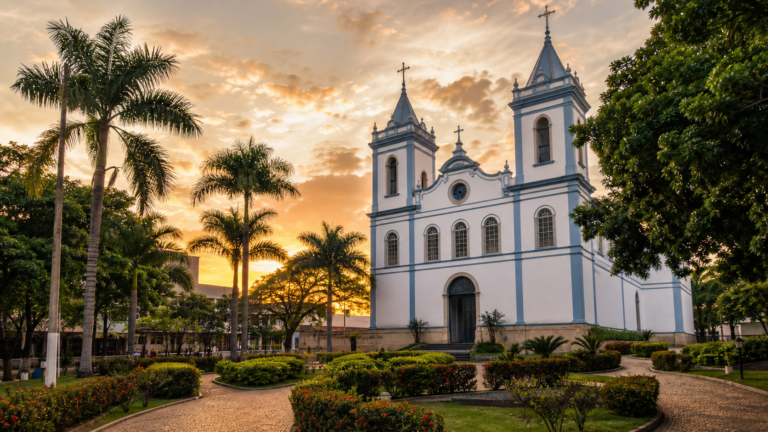 Charming view of Praça Mestre Orlando and historic Igreja Matriz in downtown Caldas Novas, Goiás.