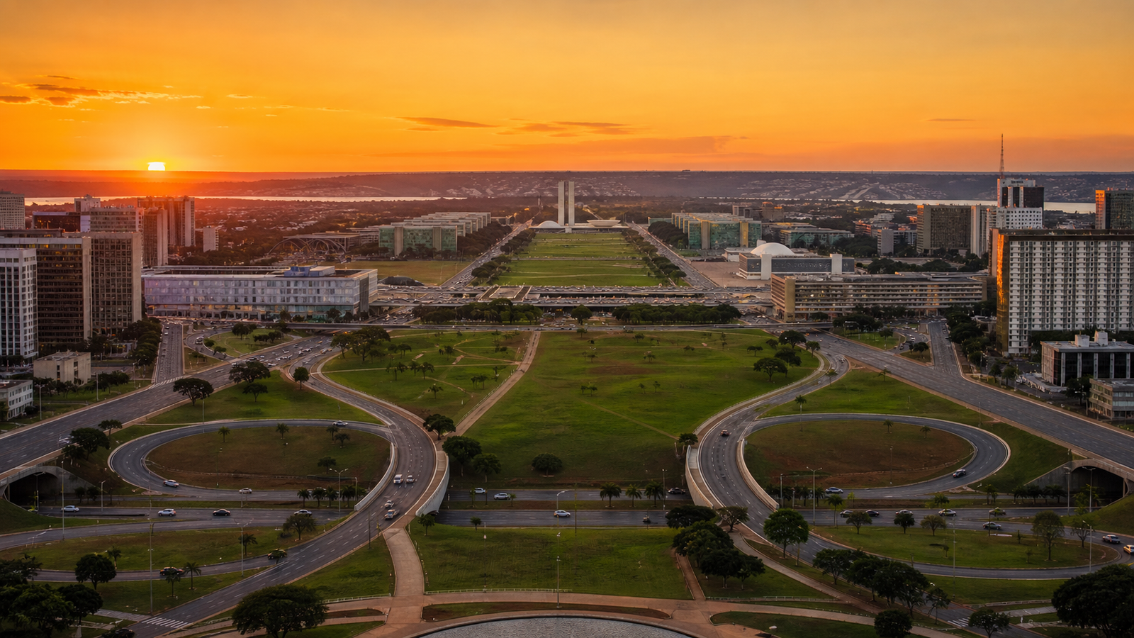 Brasília’s Monumental Axis: How to Visit Without Wasting Time or Money 3 Elevated panoramic golden hour view of the Monumental Axis from the TV Tower in Brasília