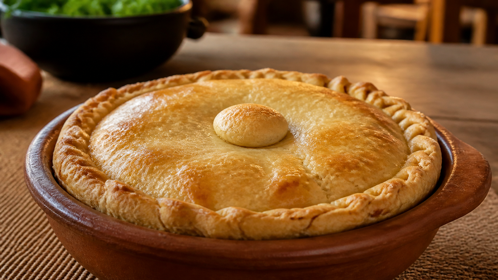 Baked Empadão Goiano savory pie served in a rustic clay bowl