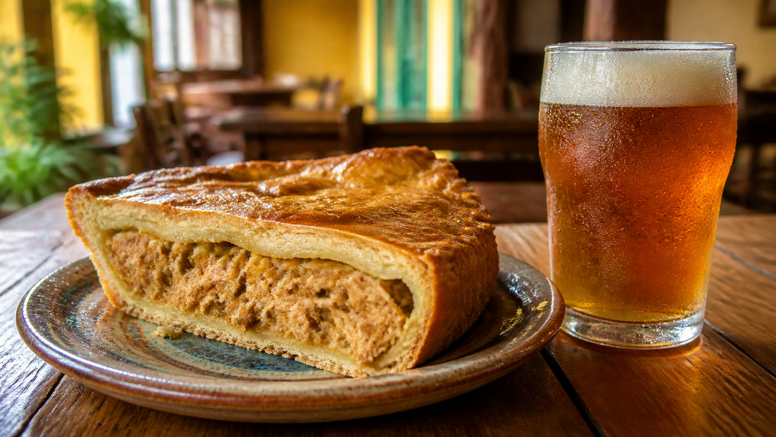 Traditional Empadão Goiano savory pie slice served with a cold glass of local artisanal craft beer on a rustic wooden table.