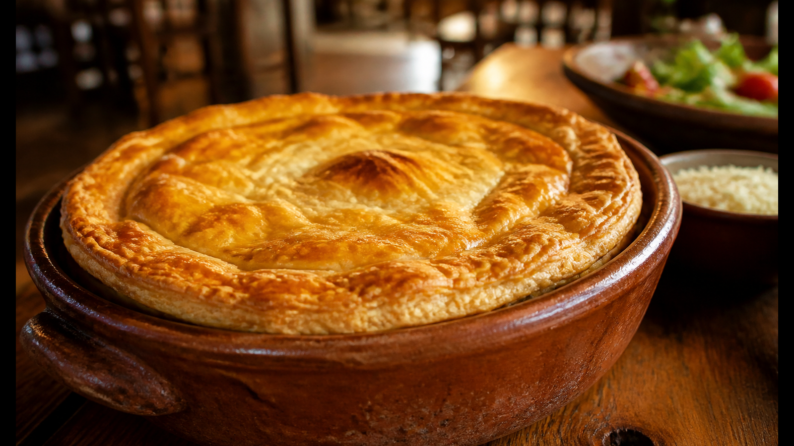 Traditional golden Empadão Goiano savory deep-dish pie baked in a rustic ceramic clay bowl